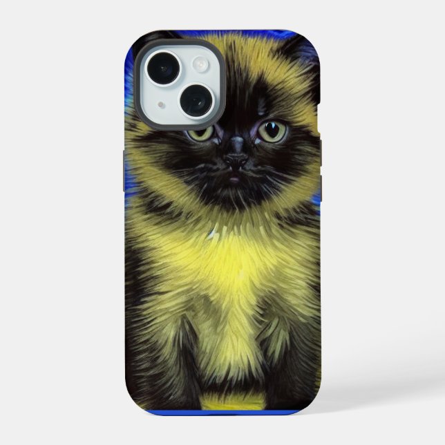 Van Gogh Sternennacht Siamese Katze iPhone 15 Hülle (Rückseite)