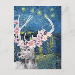 Van Gogh Sternennacht und Hirsch-Blumen-Kompilatio Postkarte