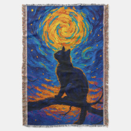 Van Gogh Stil Schwarze Katze betrachtet den Mond Decke