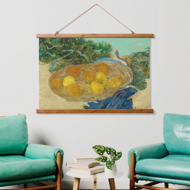 Van Gogh Still Life Orange Lemons Old Art Wood Wandteppich Mit Holzrahmen (Wohnzimmer)