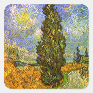 Van Gogh: Straße mit Cypress und Star Quadratischer Aufkleber