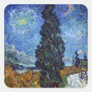 Van Gogh Straße mit Zypressen Impressionismus Quadratischer Aufkleber
