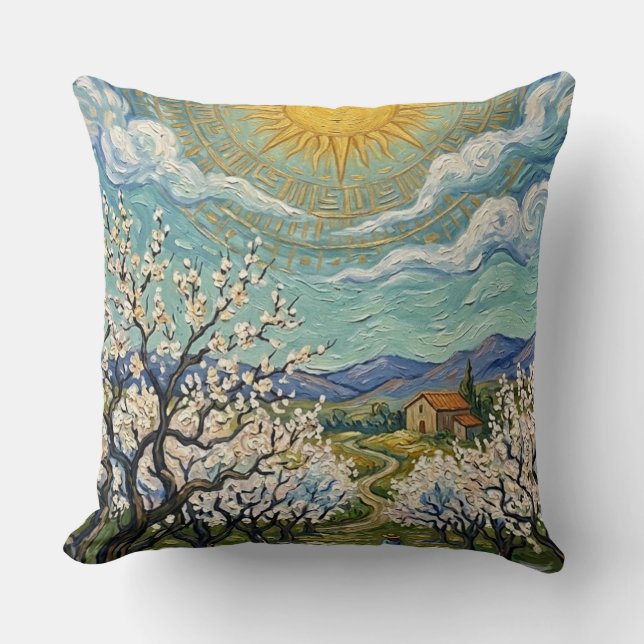 Van Gogh Style Almond Orchard Spring Blossom Throw Kissen (Vorderseite)
