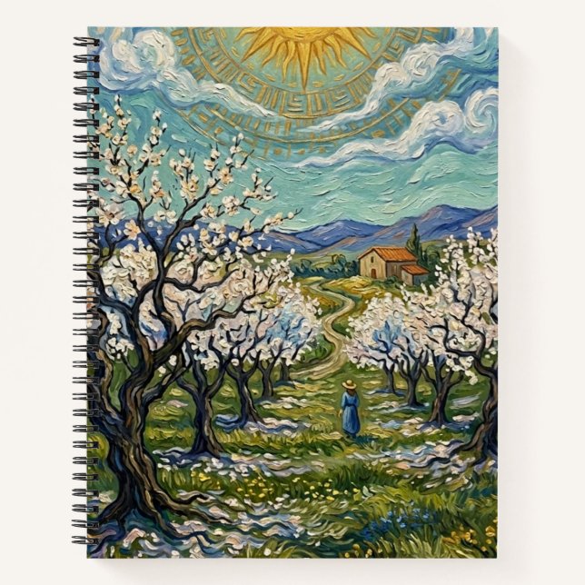 Van Gogh Style Almond Orchard Sunlit Spring Notizbuch (Vorderseite)
