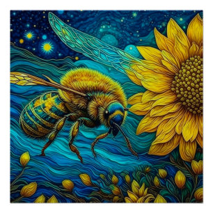 Van Gogh Style Bee & Sunflower Poster