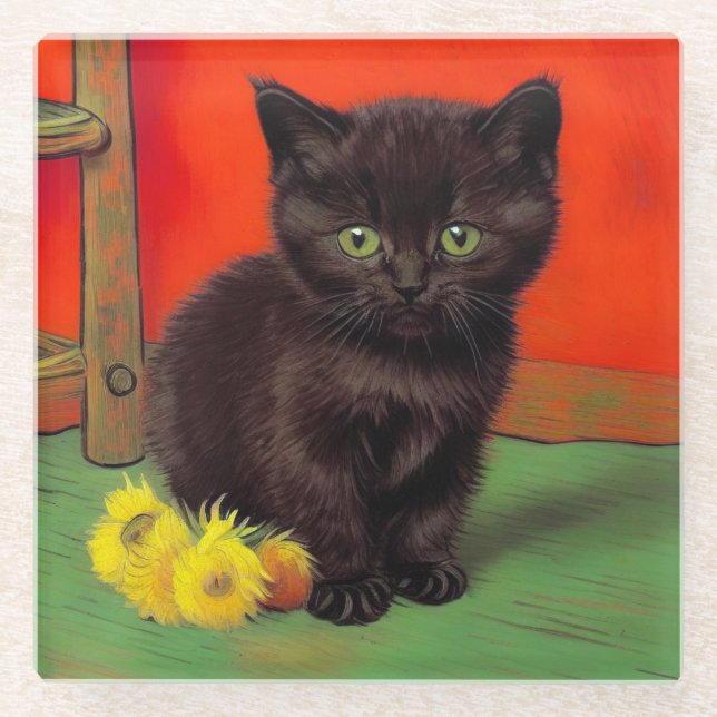 Van Gogh Style Black Cat Glasuntersetzer (Vorderseite)