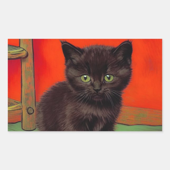 Van Gogh Style Black Cat Rechteckiger Aufkleber (Vorderseite)