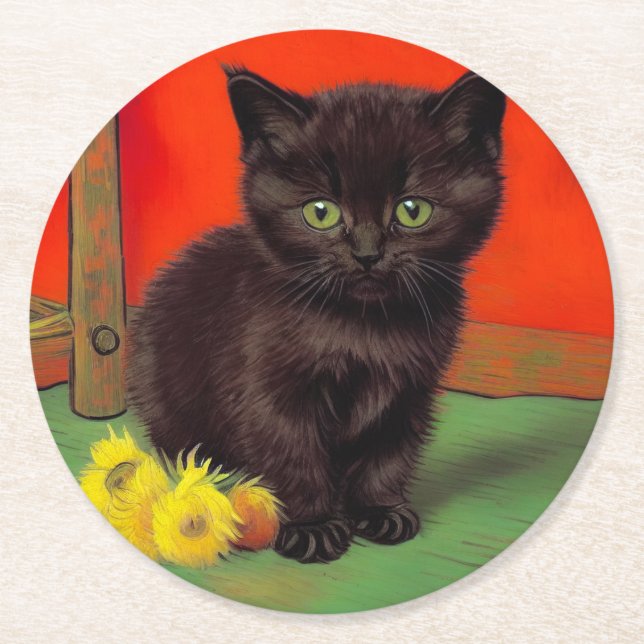 Van Gogh Style Black Cat Runder Pappuntersetzer (Vorderseite)