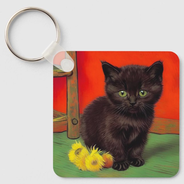 Van Gogh Style Black Cat Schlüsselanhänger (Vorderseite)