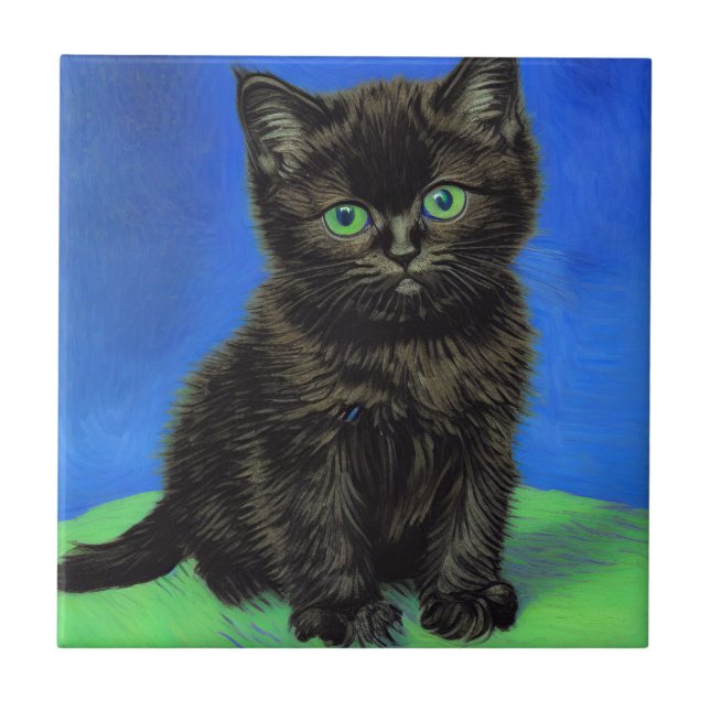 Van Gogh Style Black Kitten Fliese (Vorderseite)