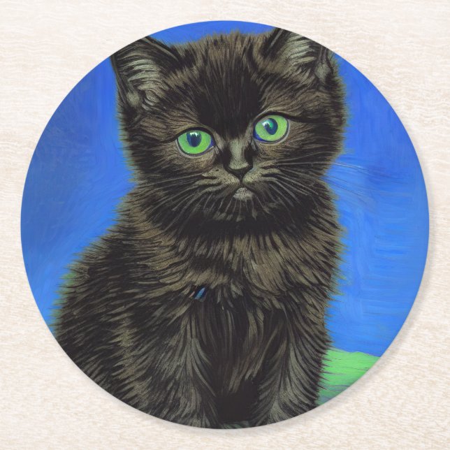 Van Gogh Style Black Kitten Runder Pappuntersetzer (Vorderseite)