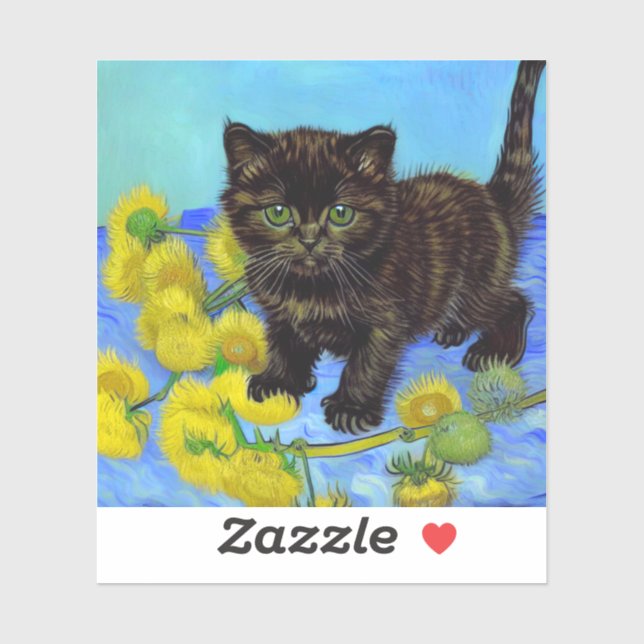 Van Gogh Style Cat mit Sonnenblumen Aufkleber (Blatt)