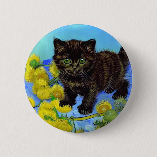 Van Gogh Style Cat mit Sonnenblumen Button (Vorderseite)