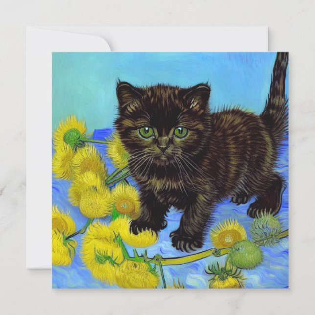 Van Gogh Style Cat mit Sonnenblumen Einladung (Vorderseite)
