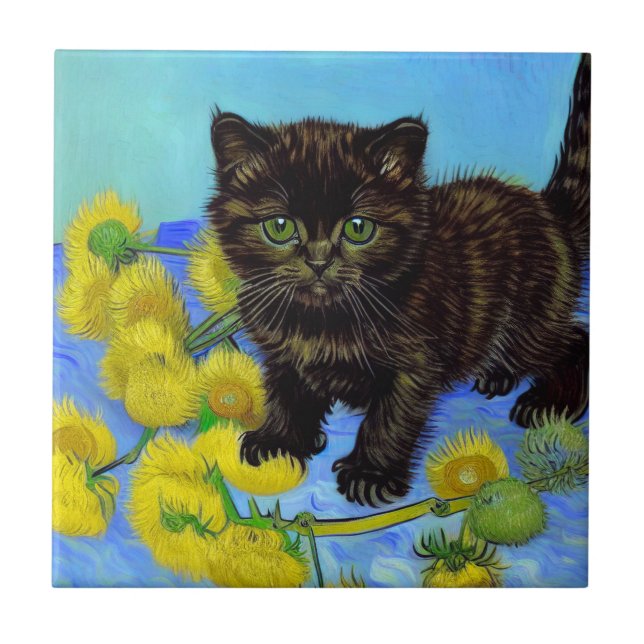 Van Gogh Style Cat mit Sonnenblumen Fliese (Vorderseite)