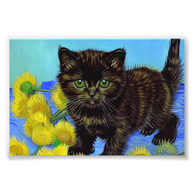 Van Gogh Style Cat mit Sonnenblumen Fotodruck (Vorne)