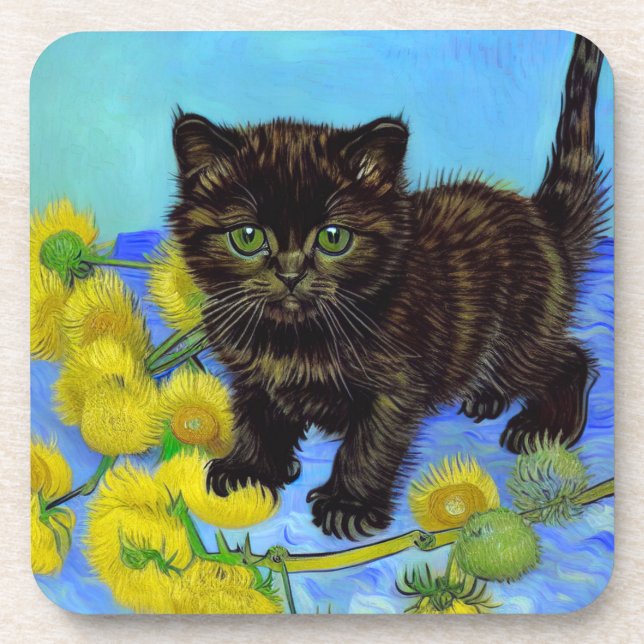 Van Gogh Style Cat mit Sonnenblumen Getränkeuntersetzer (Vorderseite)