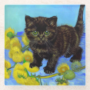 Van Gogh Style Cat mit Sonnenblumen Glasuntersetzer