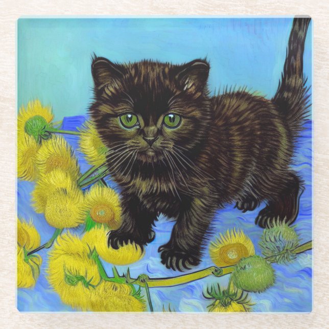 Van Gogh Style Cat mit Sonnenblumen Glasuntersetzer (Vorderseite)