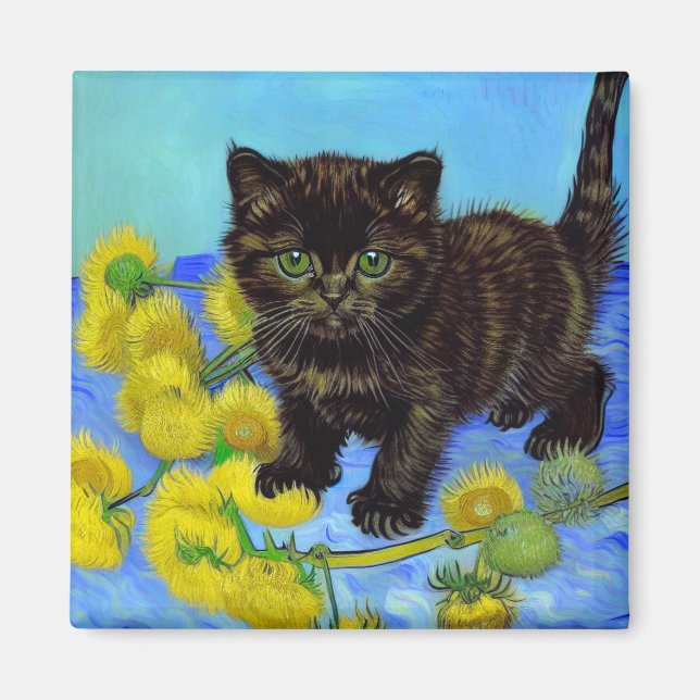 Van Gogh Style Cat mit Sonnenblumen Magnet (Vorne)