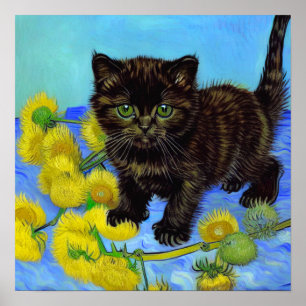 Van Gogh Style Cat mit Sonnenblumen Poster