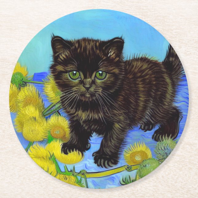 Van Gogh Style Cat mit Sonnenblumen Runder Pappuntersetzer (Vorderseite)
