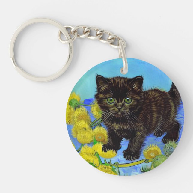 Van Gogh Style Cat mit Sonnenblumen Schlüsselanhänger (Vorderseite)