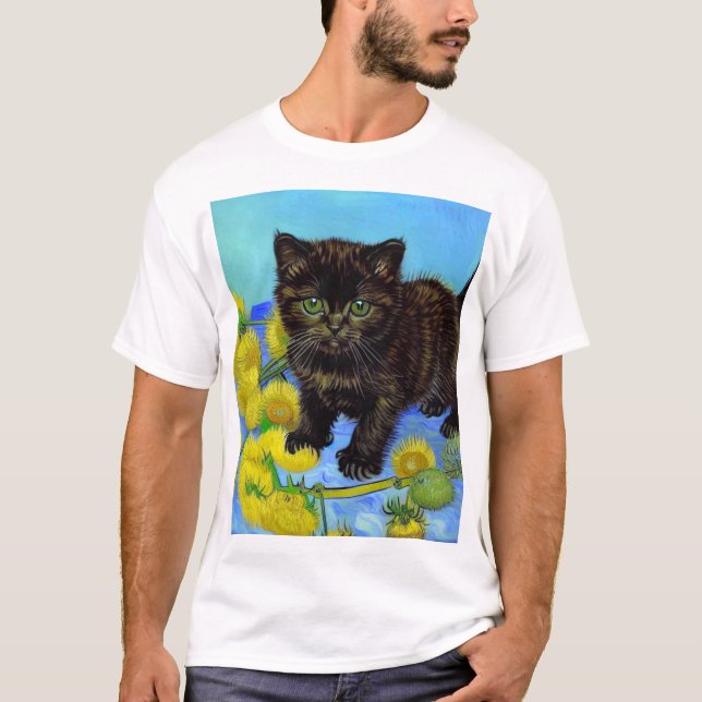 Van Gogh Style Cat mit Sonnenblumen T-Shirt (Vorderseite)