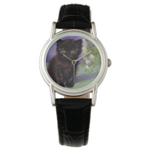 Van Gogh Style Cat mit weißen Blume Armbanduhr