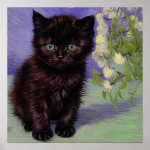 Van Gogh Style Cat mit weißen Blume Poster