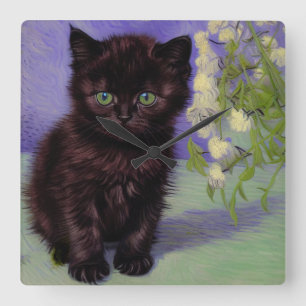 Van Gogh Style Cat mit weißen Blume Quadratische Wanduhr