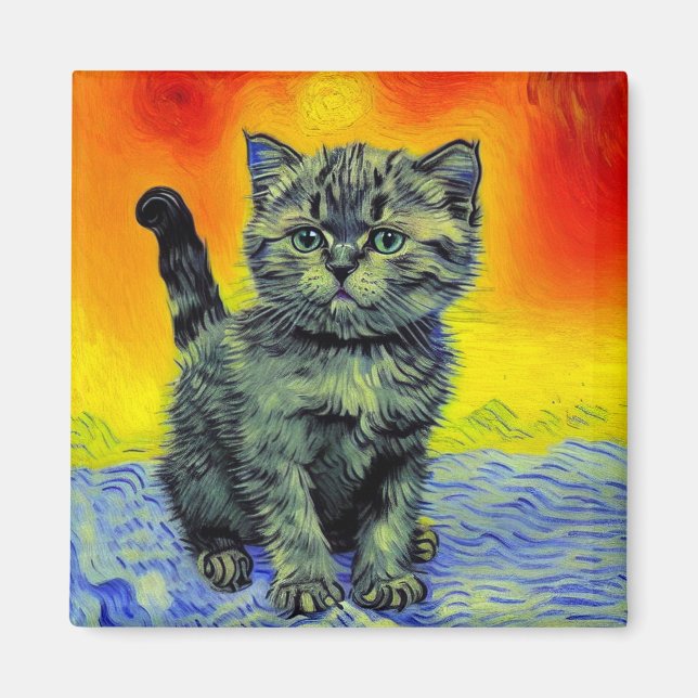 Van Gogh Style Cat Sunset Beach Magnet (Vorne)