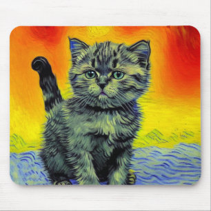 Van Gogh Style Cat Sunset Beach Mousepad