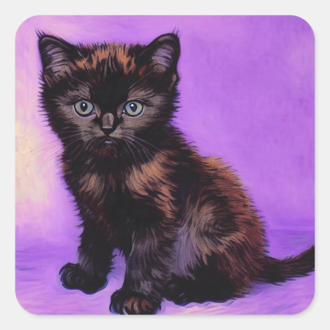 Van Gogh Style Lila Cat Quadratischer Aufkleber (Vorderseite)