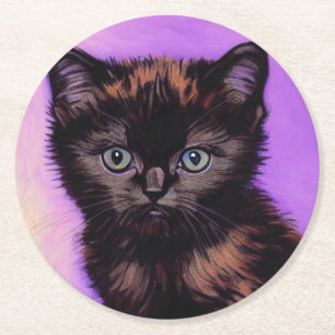 Van Gogh Style Lila Cat Runder Pappuntersetzer
