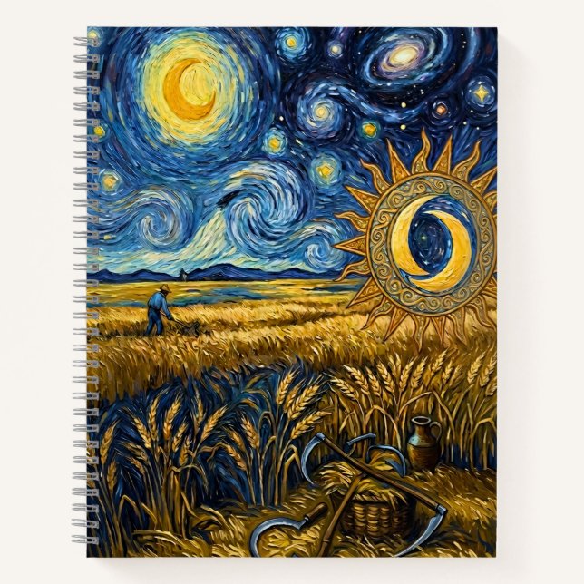 Van Gogh Style Starry Harvest Wheat Field Poster Notizbuch (Vorderseite)
