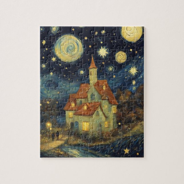Van Gogh Style Starry Night Castle Puzzle (Vertikal)
