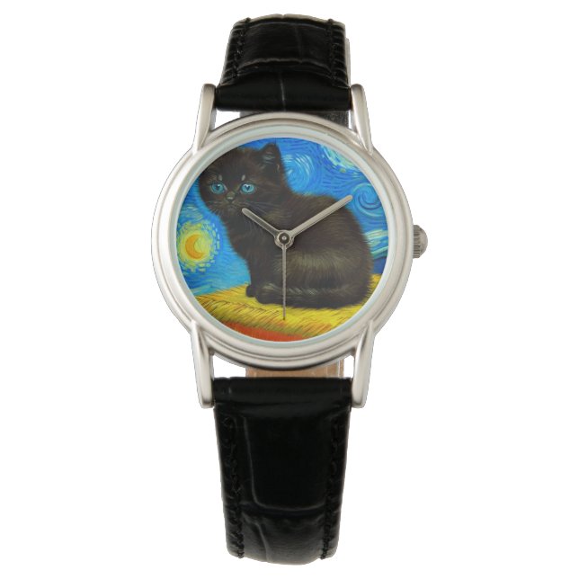 Van Gogh Style Starry Night Cat Armbanduhr (Vorderseite)