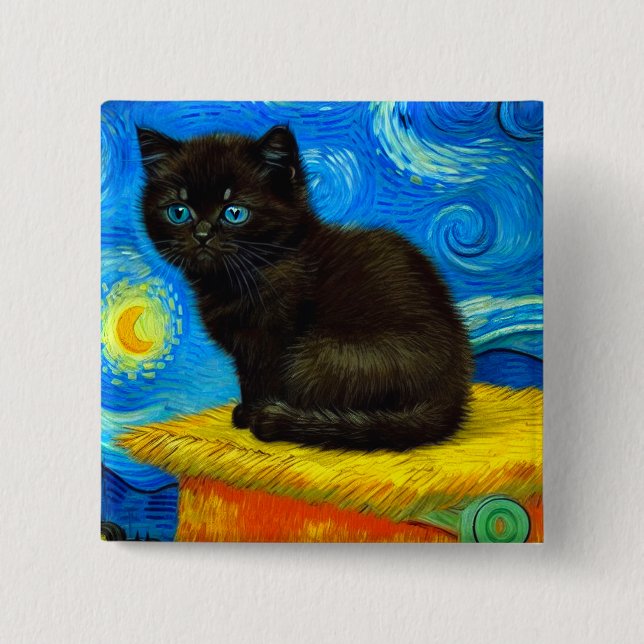 Van Gogh Style Starry Night Cat Button (Vorderseite)