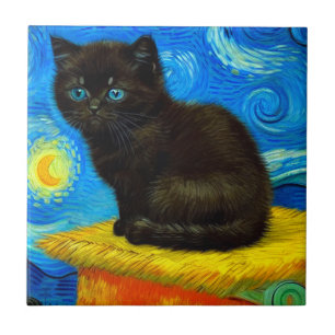 Van Gogh Style Starry Night Cat Fliese