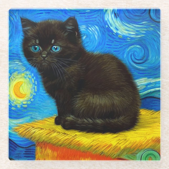 Van Gogh Style Starry Night Cat Glasuntersetzer (Vorderseite)