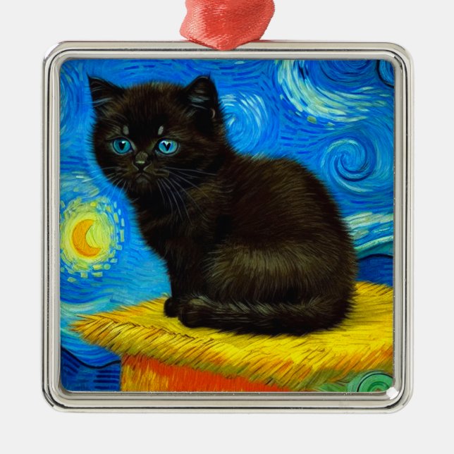 Van Gogh Style Starry Night Cat Ornament Aus Metall (Vorne)