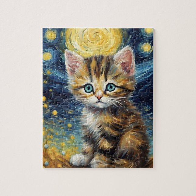 Van Gogh Style Starry Night Cat Puzzle (Vertikal)