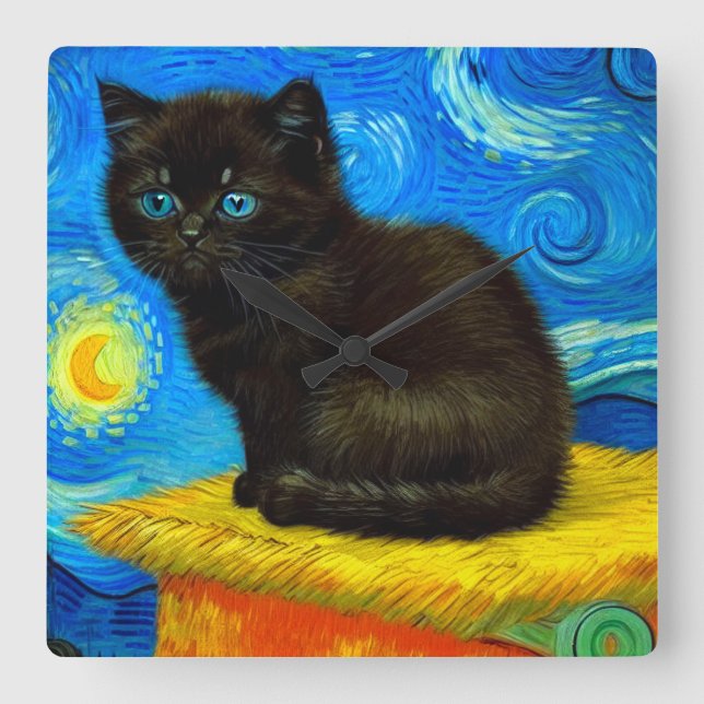 Van Gogh Style Starry Night Cat Quadratische Wanduhr (Vorderseite)