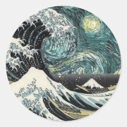 Van Gogh The Starry Night - Hokusai The Great Wave Runder Aufkleber