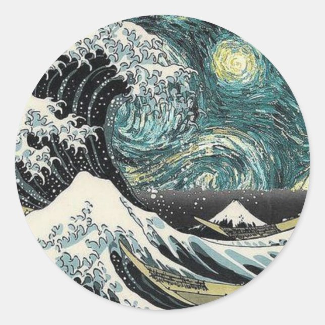 Van Gogh The Starry Night - Hokusai The Great Wave Runder Aufkleber (Vorderseite)