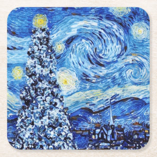 Van Gogh - The Starry Night - White Christmas Rechteckiger Pappuntersetzer