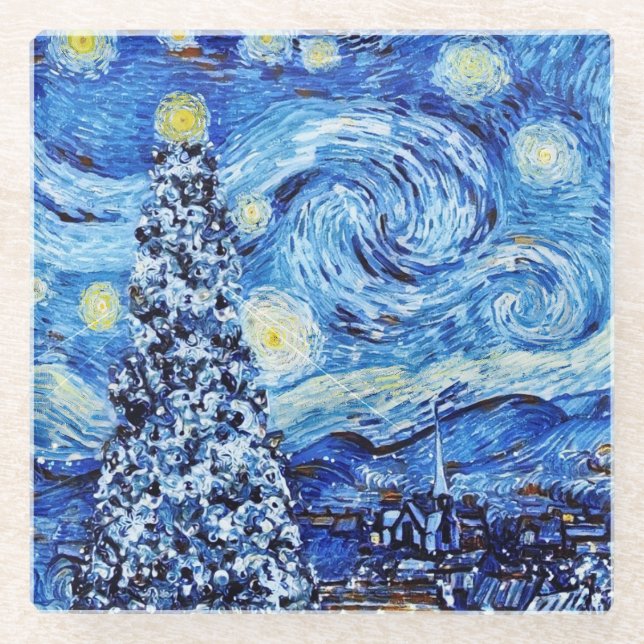 Van Gogh - The Starry Night - White Christmas Thro Glasuntersetzer (Vorderseite)