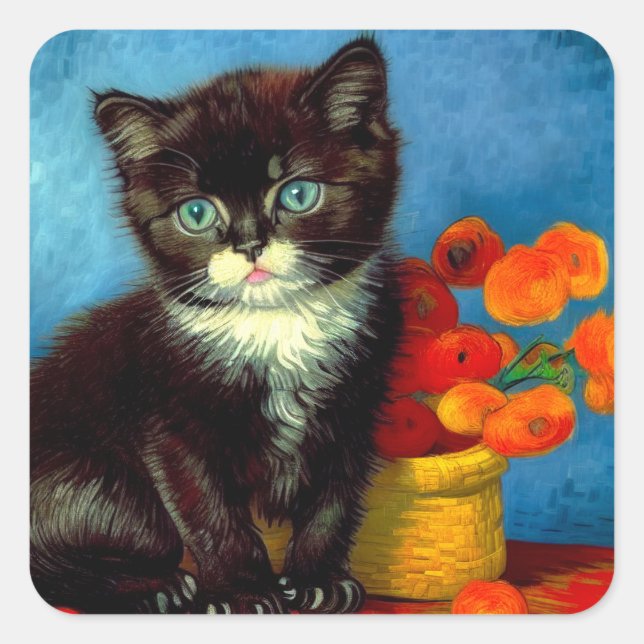 Van Gogh Tuxedo Cat Quadratischer Aufkleber (Vorderseite)