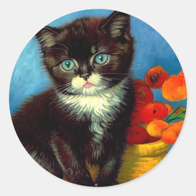 Van Gogh Tuxedo Cat Runder Aufkleber (Vorderseite)
